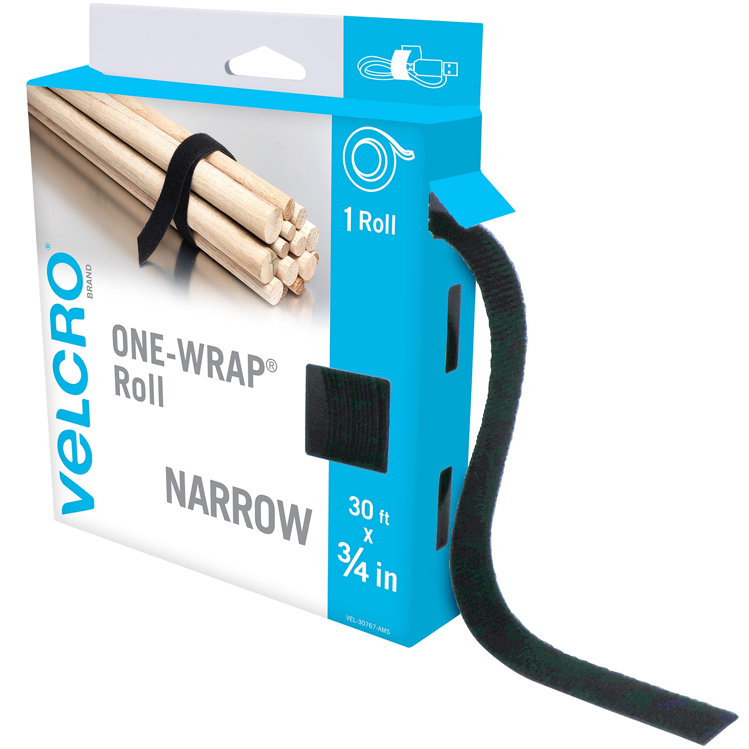 VELCRO Brand VEL-30767-AMS 3/4 Inch x 30 Ft Reusable Self-Gripping Tape Roll | Cut-to-Length Hook and Loop Straps for Organizing Cables, Wrapping Garden Hoses, Securing Camping Gear & DIY Crafts | Black