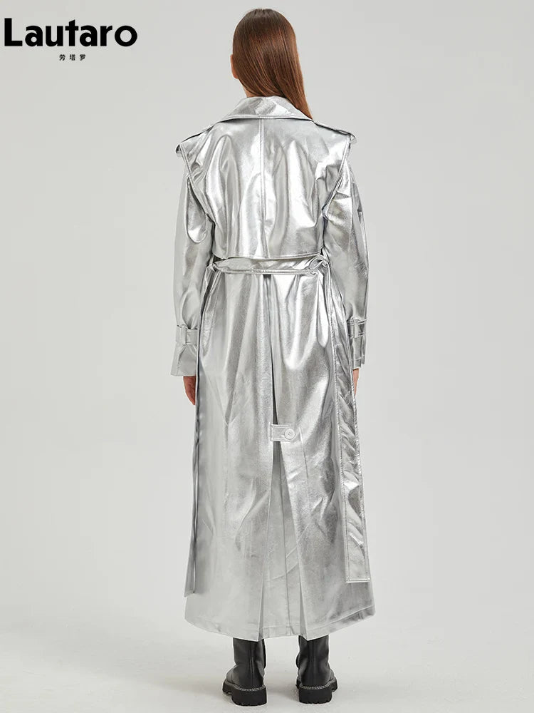 2024 Women's Extra Long Gold Shiny Patent PU Leather Trench Coat - Single Breasted Luxury Designer Overcoat for Fall & Winter | Perfect for Office Wear, Evening Events & Fashion Outings