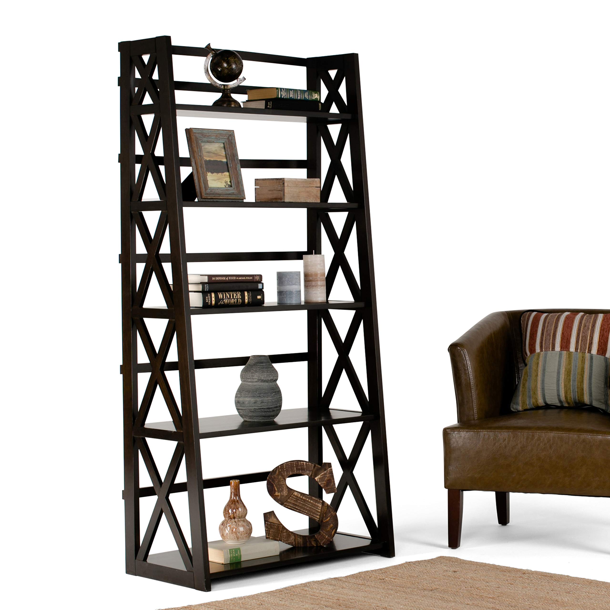 SIMPLIHOME 30 Inch Solid Wood Ladder Shelf - Contemporary Hickory Brown Bookcase for Living Room, Study, Office | Space-Saving Storage Solution for Home Decor & Organization