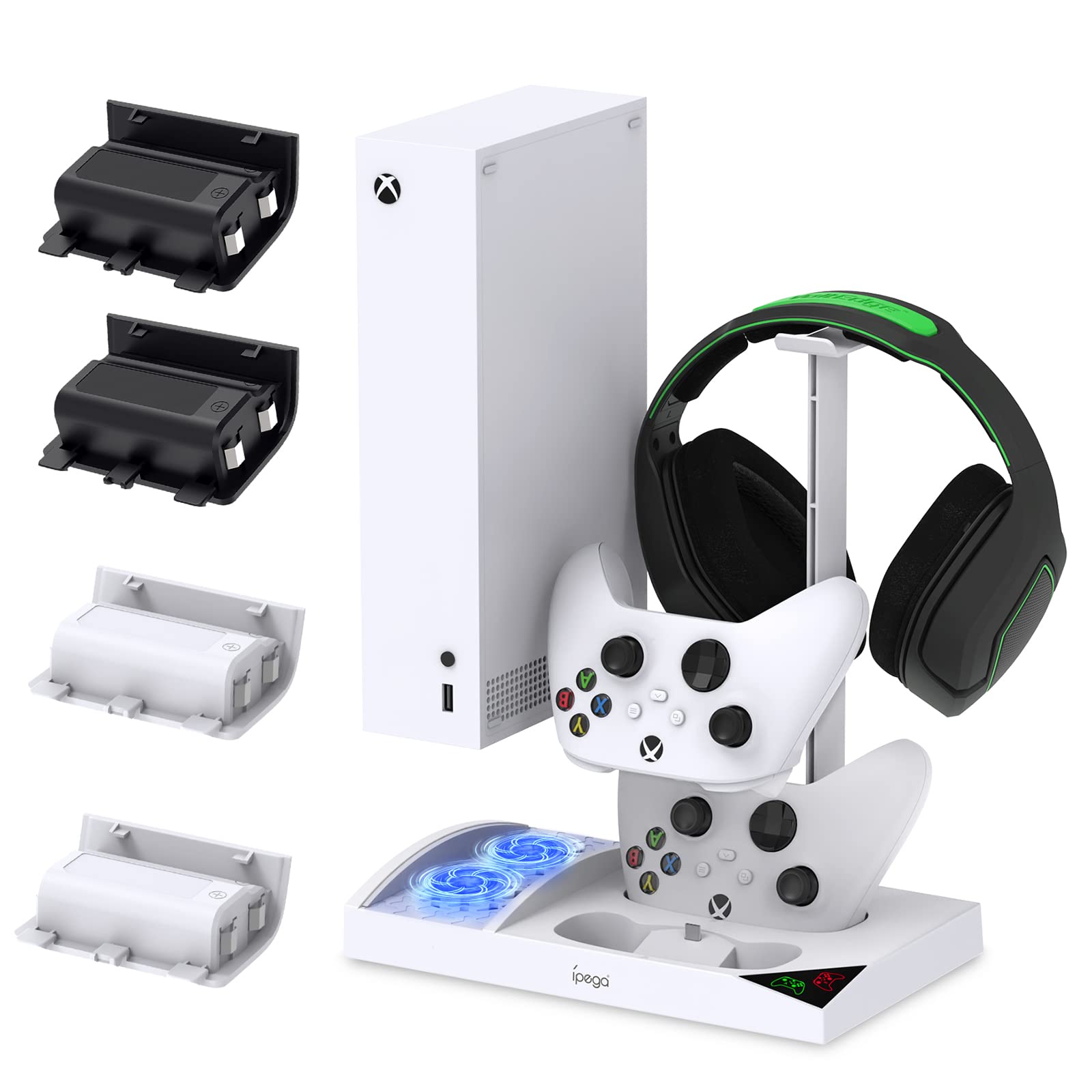 YUANHOT Xbox Series S Cooling Fan Stand with 4-Pack 1400mAh Rechargeable Batteries - Vertical Charging Station Dock with Controller Charger & Cooling System for XSS (White) | Perfect for Gaming Marathons & Overheating Protection