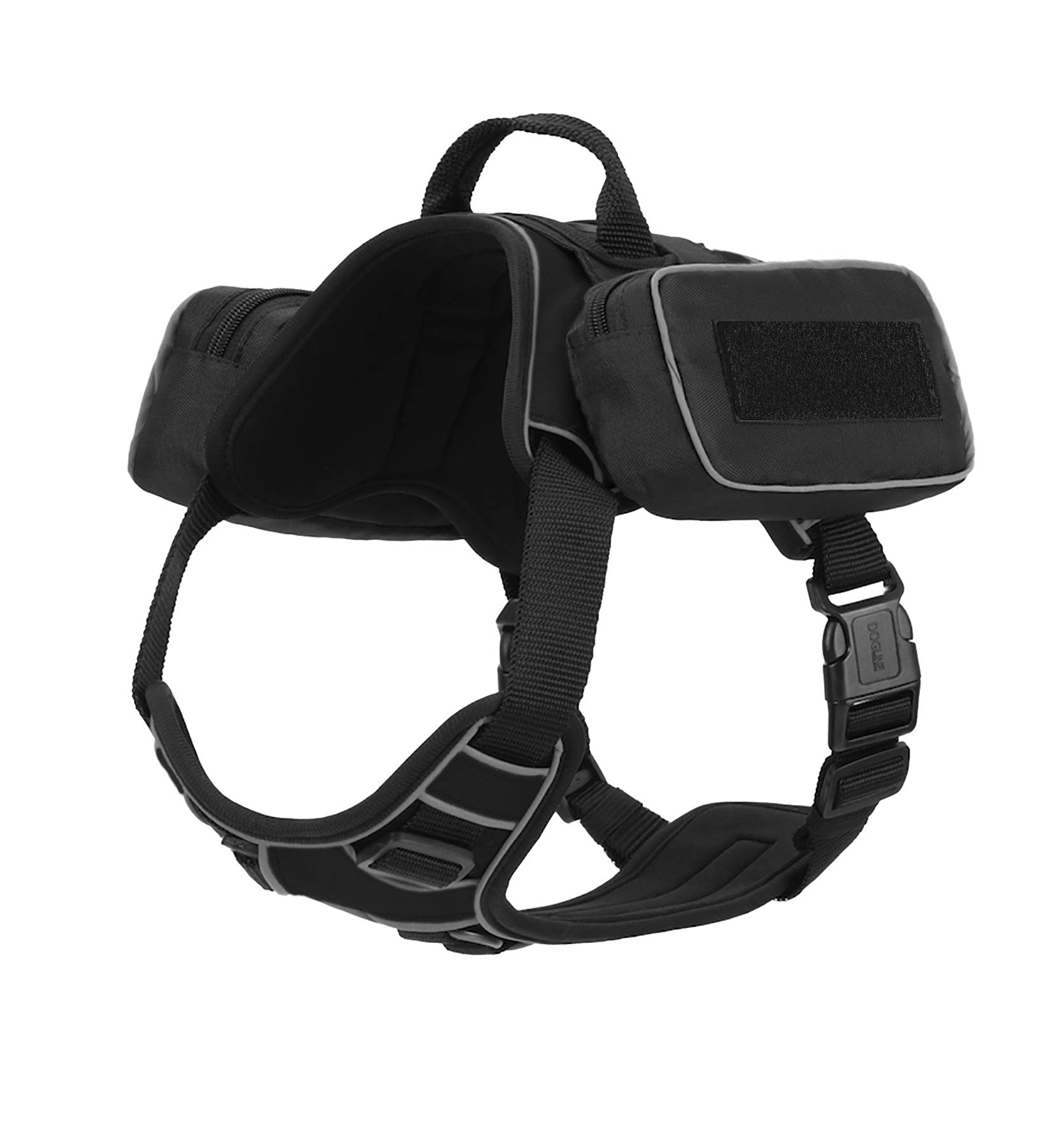 No-Pull Dog Harness with Saddle Bag & Removable Patches - Comfortable Reflective Dog Vest with Quick-Release Buckles & Handle (25-31 inch, Black) - Perfect for Hiking, Walking & Outdoor Adventures