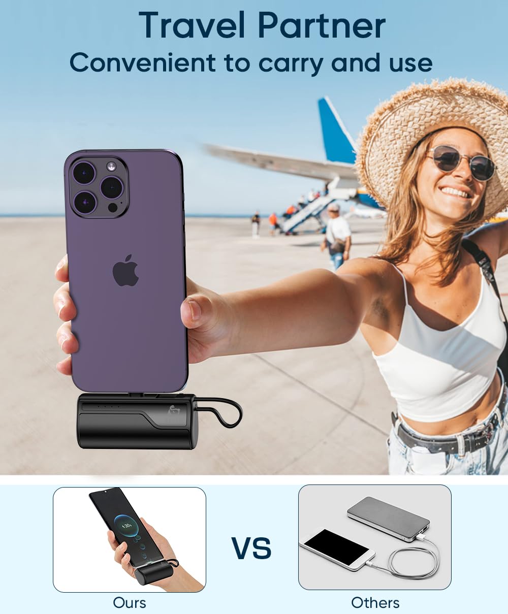 5000mAh Mini Portable Charger - Ultra Compact Power Bank for iPhone 14/13/12/11/X/XR/XS Max/8 & AirPods - Fast Charging External Battery Pack (Black) | Perfect for Travel, Camping, and Emergency Power Backup