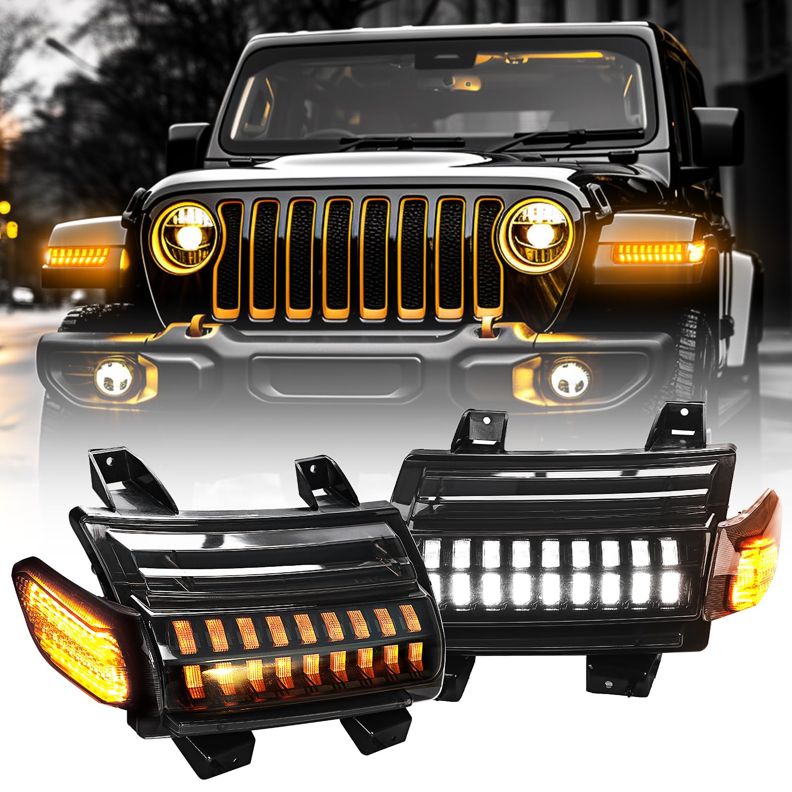 Upgraded LED Smoke Turn Signal Lights with DRL & Side Markers for Jeep Wrangler JL (2018-2023) - Compatible with Sahara, Rubicon & High Altitude Models | Enhanced Visibility & Style for Off-Road Adventures