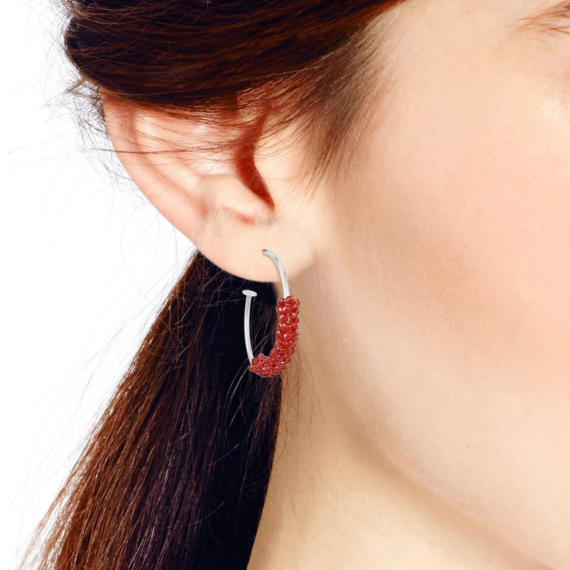 Boho Sparkle Bright Red Crystal Beads Sterling Silver Open Hoop Earrings for Women - .925 Silver Fashion Jewelry, Elegant Dangle Earrings for Party, Wedding & Everyday Wear