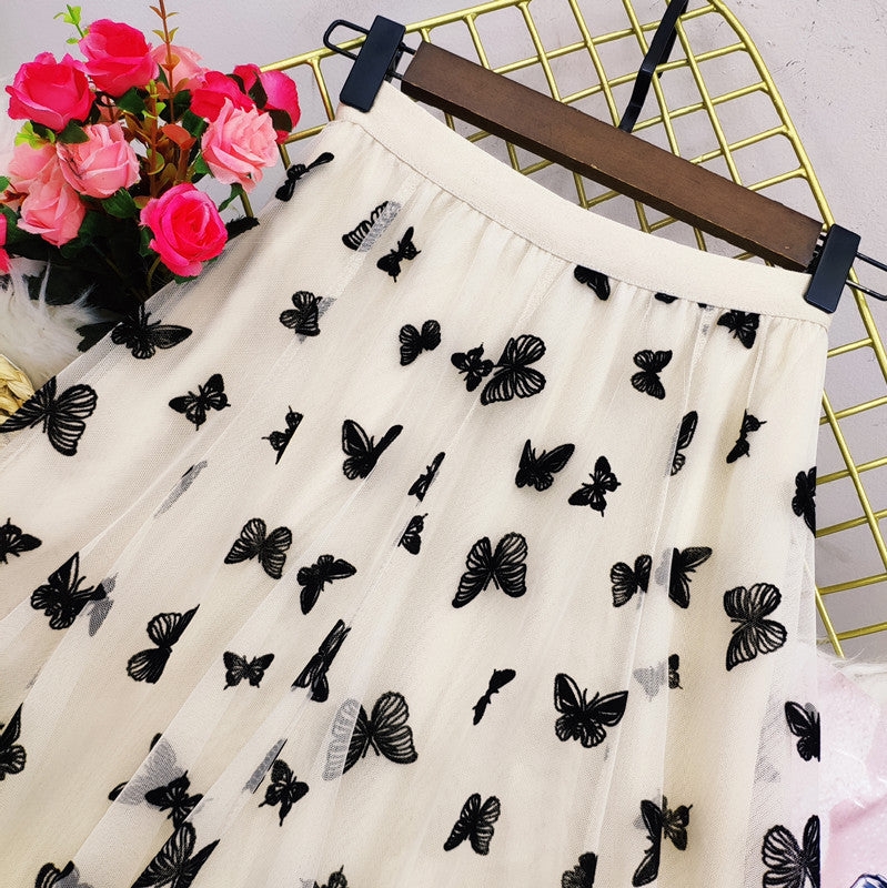 Butterfly Print Mesh High Waist Midi Skirt - Flowy Long Skirt for Women - Perfect for Summer Outfits, Beach Vacations & Boho Fashion
