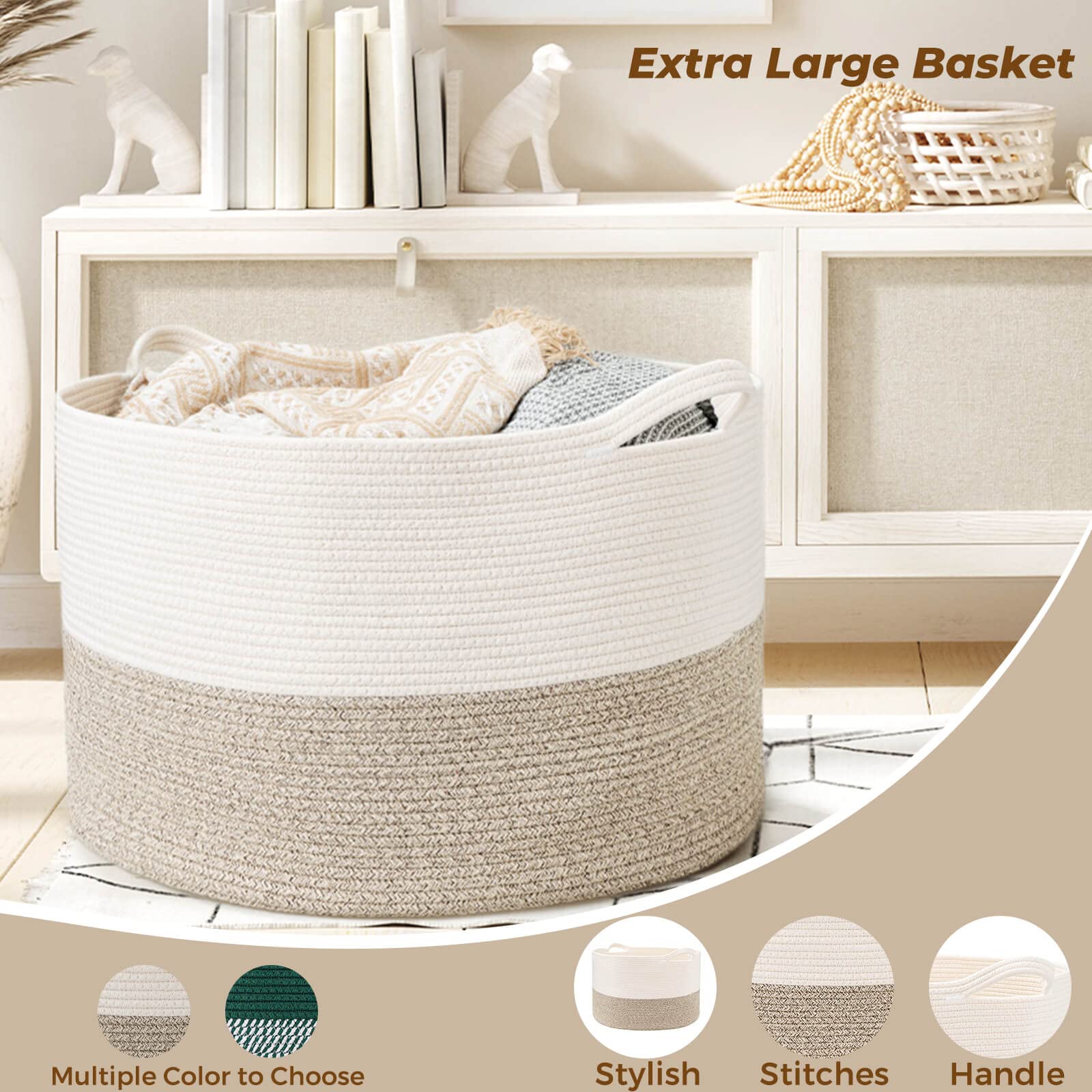 Extra Large Storage Basket for Blankets, Toys, and Laundry - Heavy Duty Woven Hamper with Handles for Living Room, Nursery, or Bathroom - Perfect for Organizing Baby Clothes, Pillows, and Home Essentials (White & Brown)