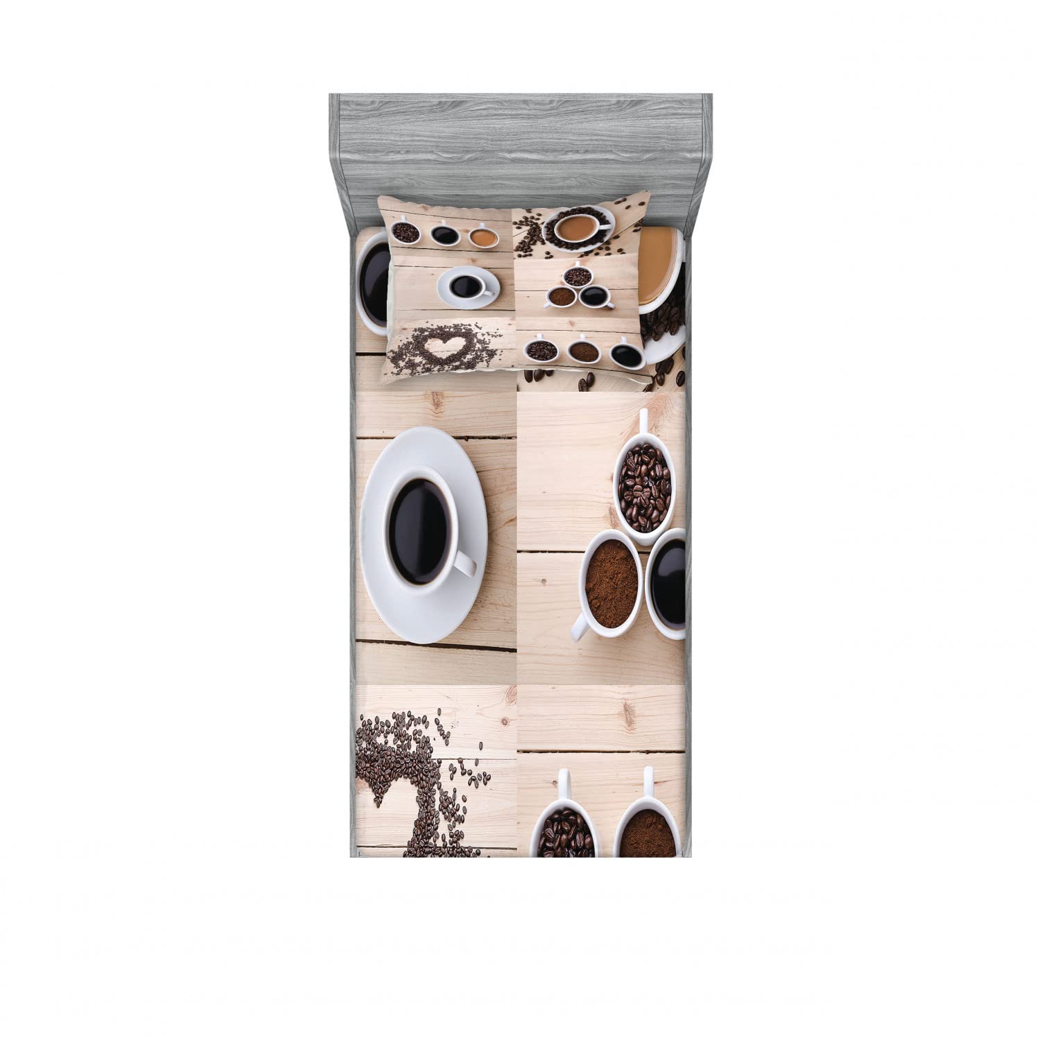 Ambesonne 2-Pack Twin Fitted Sheets & Pillow Sham Set - Coffee Theme (Black/Brown/Tan) - 4-Piece Bedding Decor for Coffee Lovers - Perfect for Home, Dorm, or Guest Room Decor