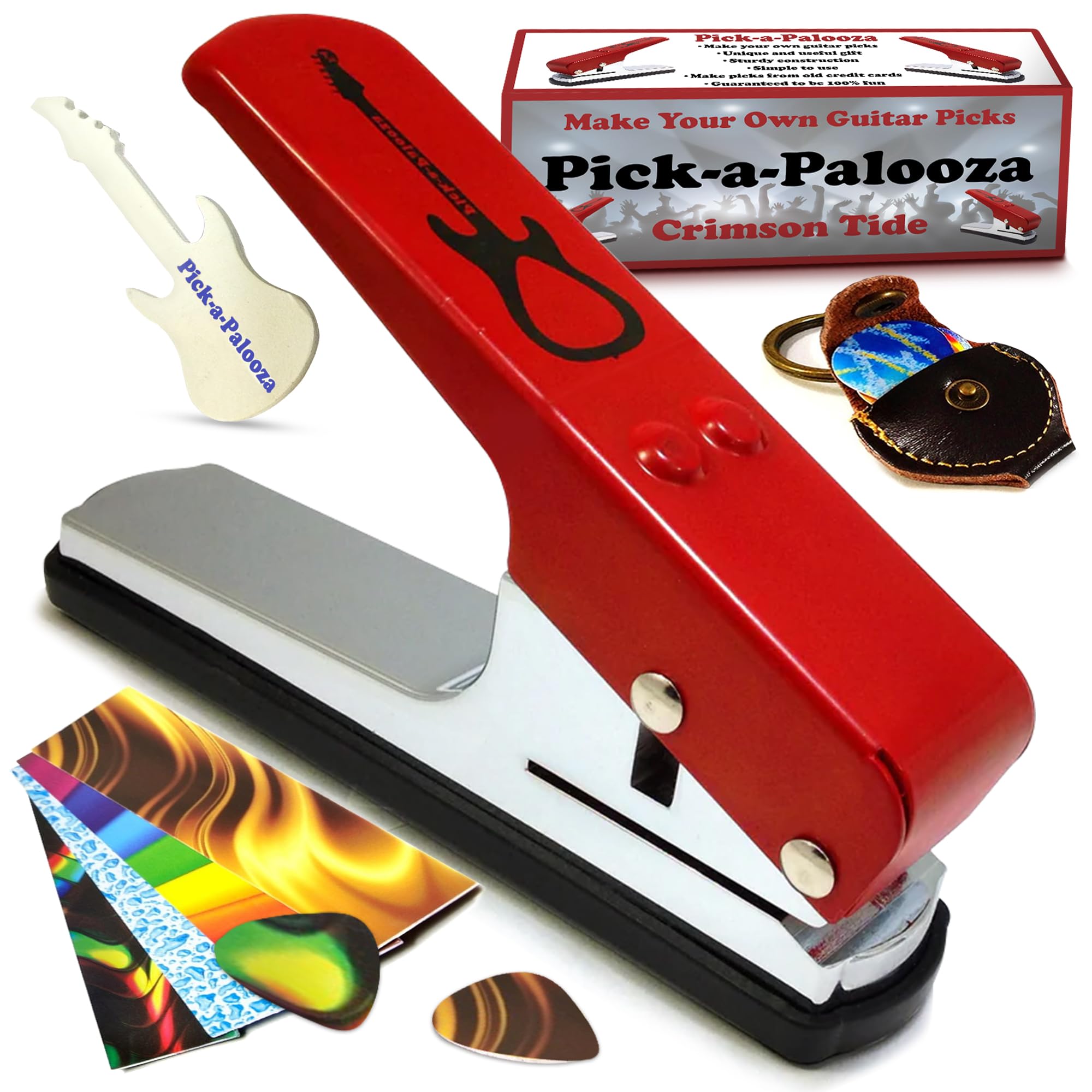 DIY Guitar Pick Punch Kit - Premium Pick Maker with Leather Keychain Holder, 4 Pick Strips & File - Red - Perfect for Musicians, Guitarists & Craft Lovers (Great Gift for Music Enthusiasts)