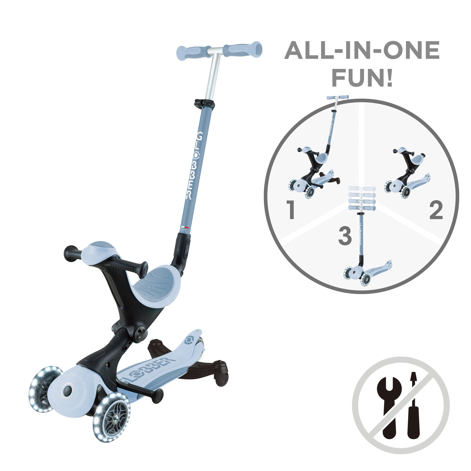Globber Go Up Deluxe Ecologic 360 Foldable LED Light Scooter for Kids - Portable & Safe Ride-On Toy for Commuting, Park Adventures & Neighborhood Fun
