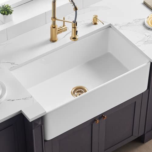 Modern White Fireclay Farmhouse Kitchen Sink - Undermount Apron-Front Design with Durable Grid & Strainer | Perfect for Rustic & Contemporary Kitchens, Dishwashing & Food Prep