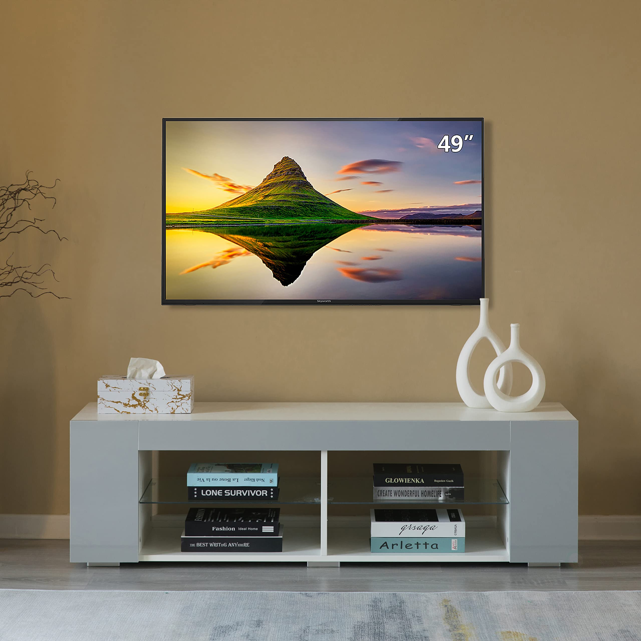 Basicwise White LED TV Stand with Glass Shelves & UV Frame - Modern Entertainment Center for Living Room, Bedroom & Home Theater Setup