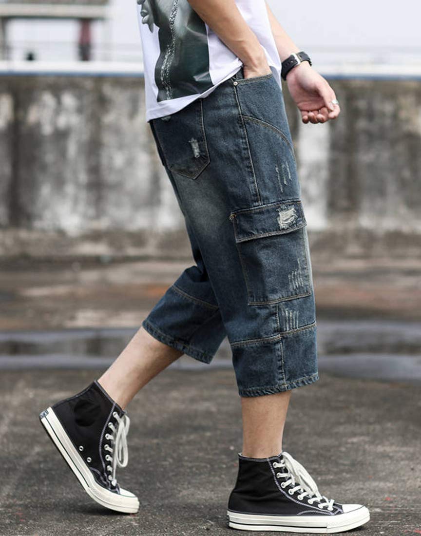 Men's Loose-Fit Ripped Distressed Hip Hop Capri Jeans Baggy Denim Cargo Shorts - Streetwear Fashion for Casual Wear, Summer Outfits & Hip Hop Style
