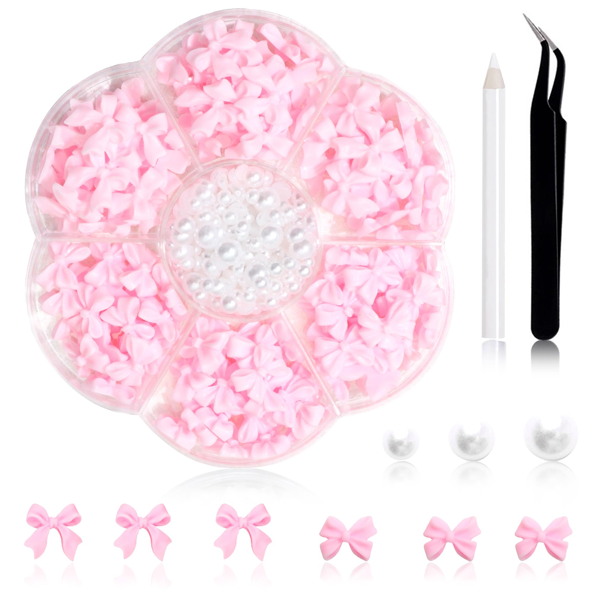 300Pcs Pink Bow Charms & 3-5mm White Flatback Pearls for Nail Art, Jewelry Making, DIY Crafts - Perfect for Acrylic Nail Designs, Resin Jewelry, and Home Decor Accessories
