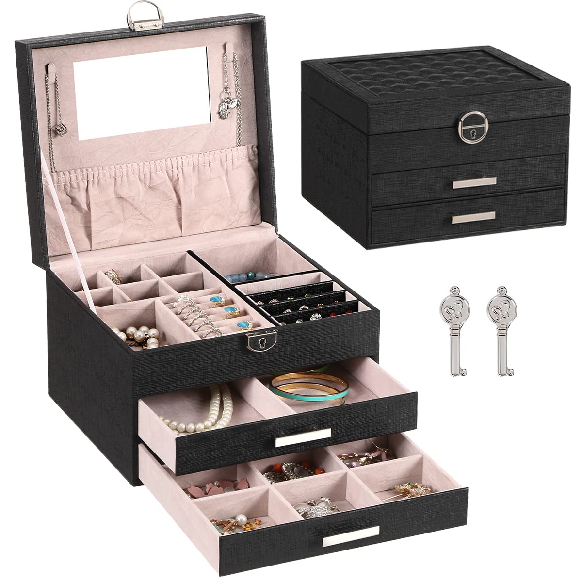 ANWBROAD Jewelry Box for Women & Girls - Lockable Jewelry Organizer with 2 Drawers, Mirror & Multiple Compartments for Rings, Necklaces, Bracelets - Perfect for Bedroom, Travel & Gift Giving