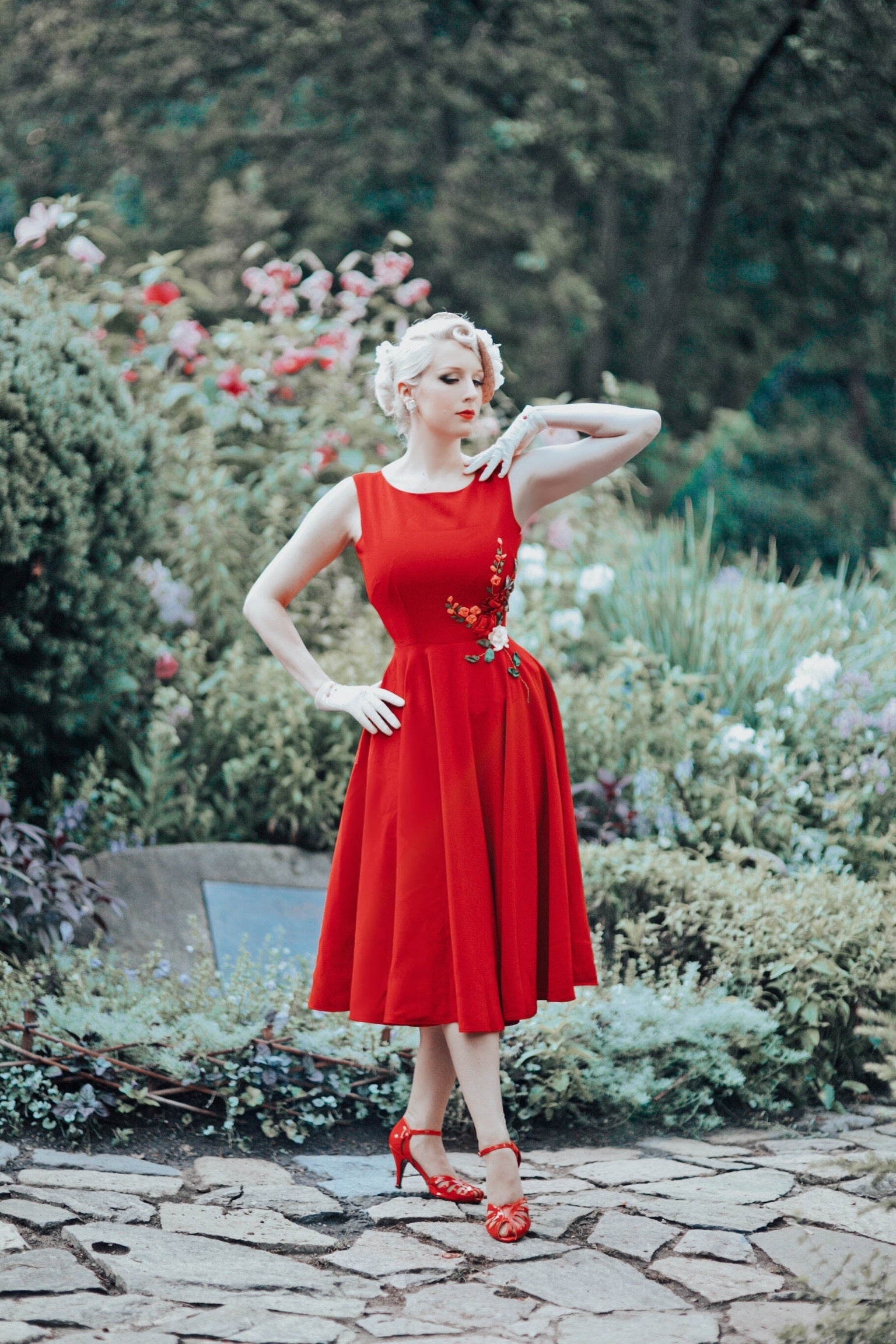 Elegant 3D Ribbon Embroidery Dress with Red Camellia Design - Perfect for Weddings, Parties & Special Occasions