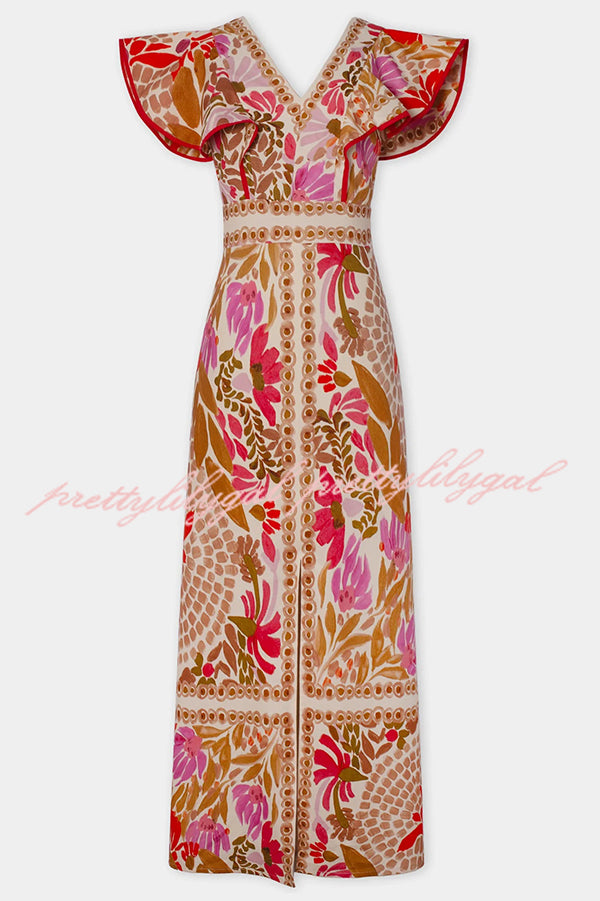 Stylish Printed V-Neck Open Back Ruffled Sleeves Slit Maxi Dress for Women | Summer Beach Party, Wedding Guest, Date Night Outfit