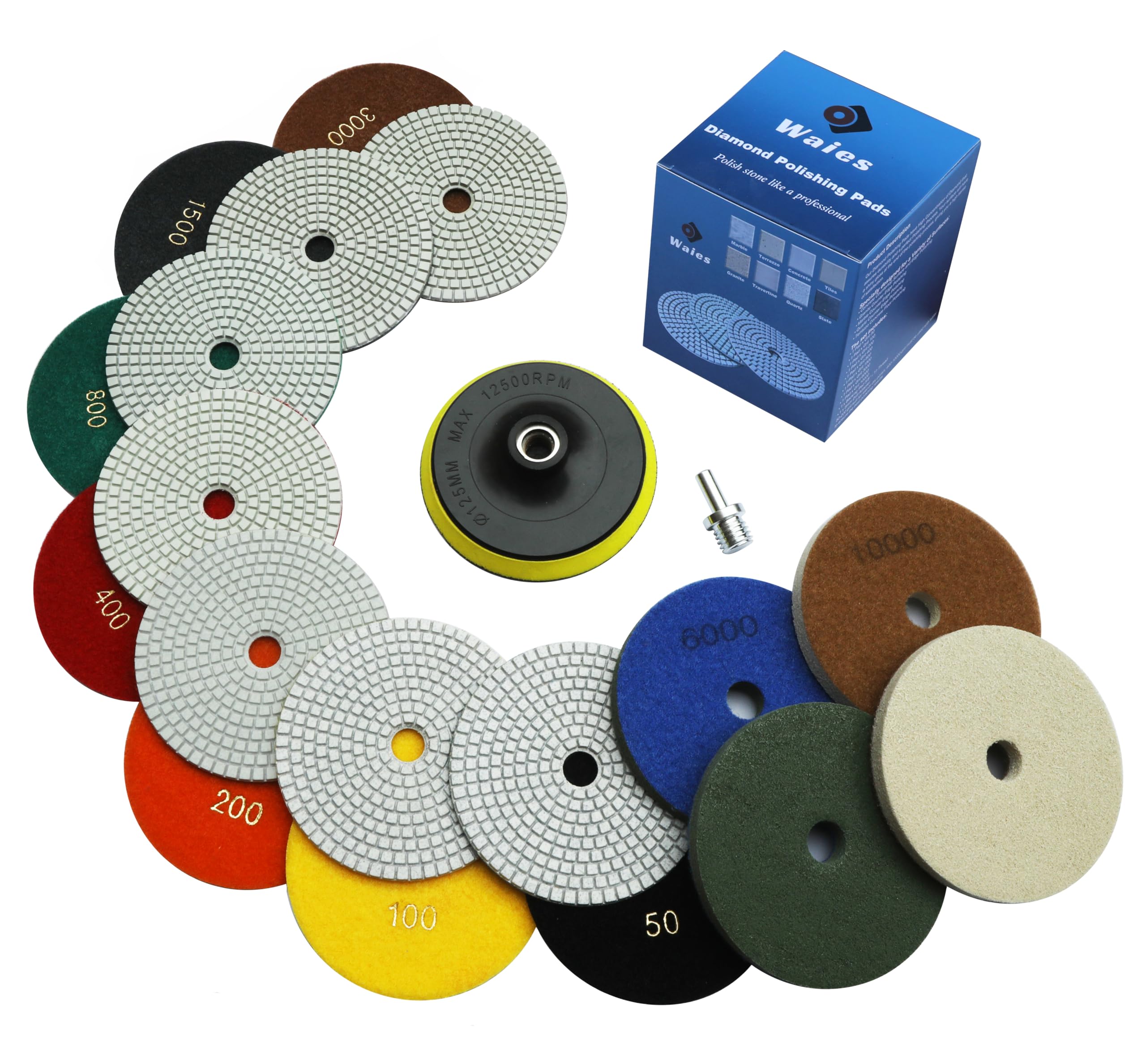 11 PCS 5 Inch Diamond Polishing Pads Kit Wet/Dry 50-10000 Grit for Concrete, Stone, Granite, Tile, Marble, Countertop - Professional Drill Grinder Polisher Accessories for DIY Home Renovation & Stone Restoration Projects