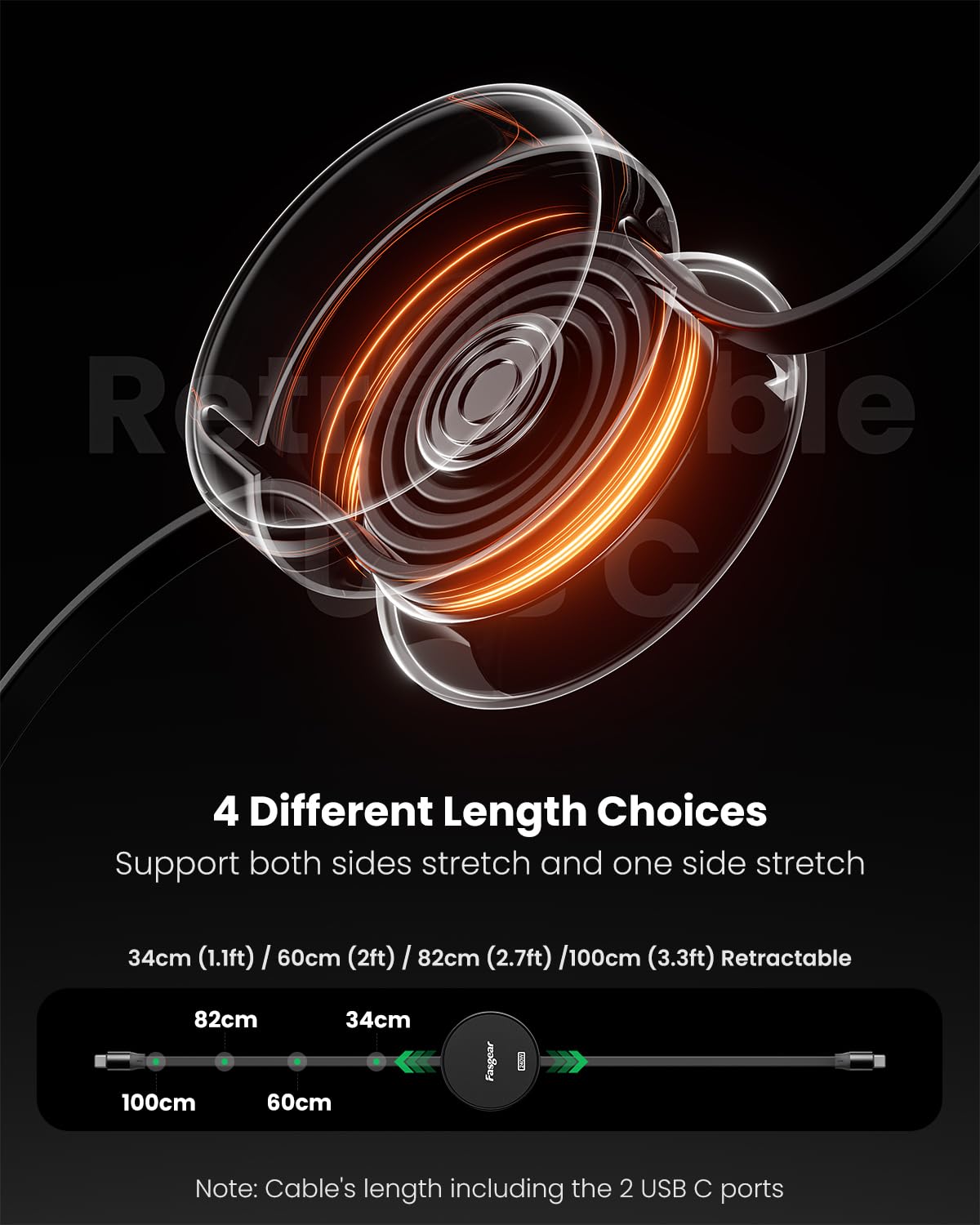 Fasgear 240W USB C to USB C Cable 3.3ft Retractable 5A Fast Charging Cord - 4-Stretch Length (Black/Silver) | Compatible with iPhone 15, MacBook Pro, PS5 Controller, ThinkPad X1 | Perfect for Travel, Office & Gaming Accessories