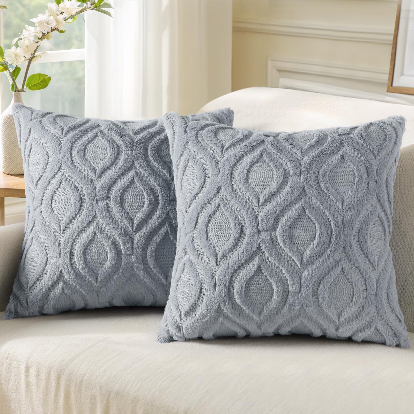 **DecorUhome 26x26 Inch Soft Plush Faux Wool Throw Pillow Covers Set of 2 – Blue Grey Couch Pillow Cases for Sofa, Bed & Living Room – Cozy Home Decor for Relaxing & Stylish Interior Design**