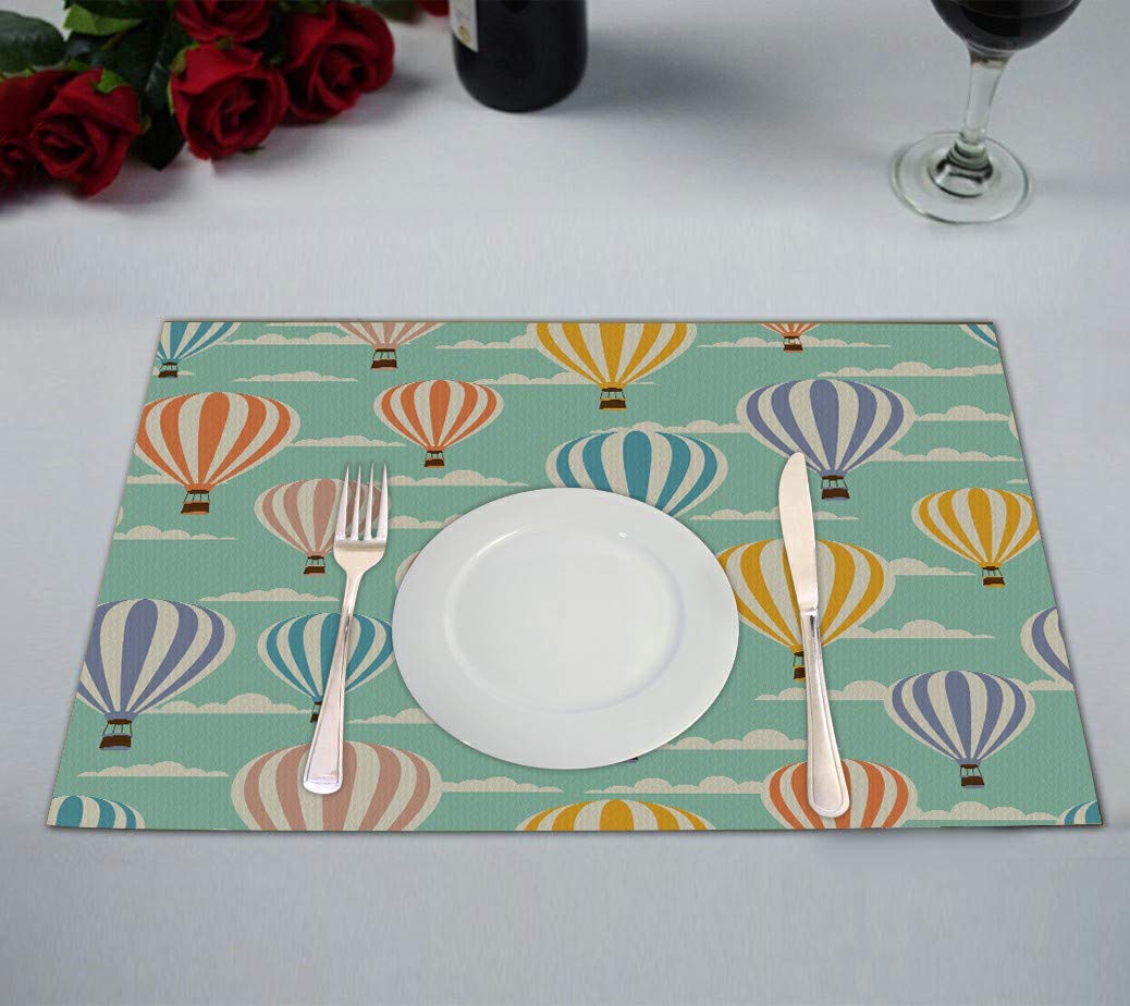 Vintage Balloon Travel Pattern Placemat Set of 2 - 12x18 Inch Table Mats & Cup Coasters for Kitchen Dining Decor | Perfect for Parties, Picnics & Home Decor