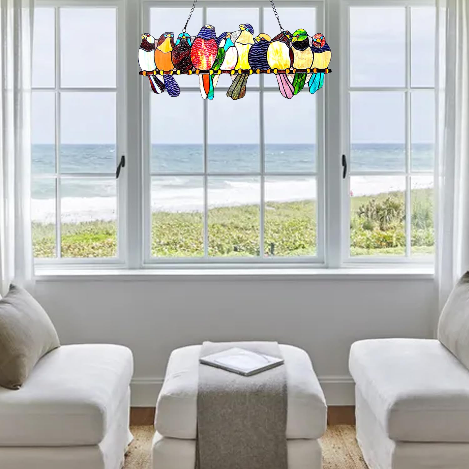 Tiffany Suncatcher Stained Glass Window Decor - 24x10 Inch Handcrafted Art Piece with 162 Glass Cuts & 15 Cabochons - Perfect for Home, Church, or Garden Sunlight Display