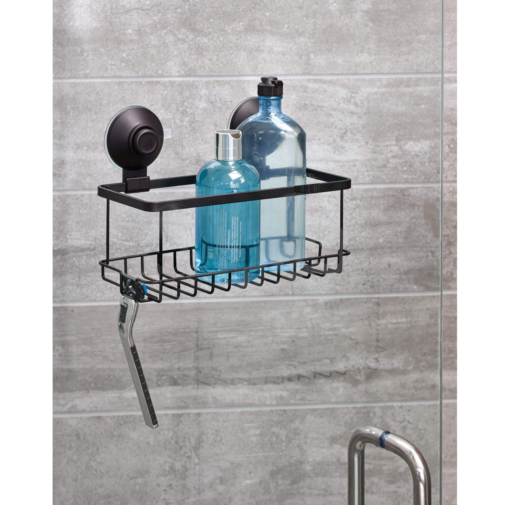 iDesign Everett Metal Push Lock Suction Shower Caddy - Extra Large Space for Shampoo, Conditioner, Soap with Hooks for Razors, Towels & Loofahs - 9.1
