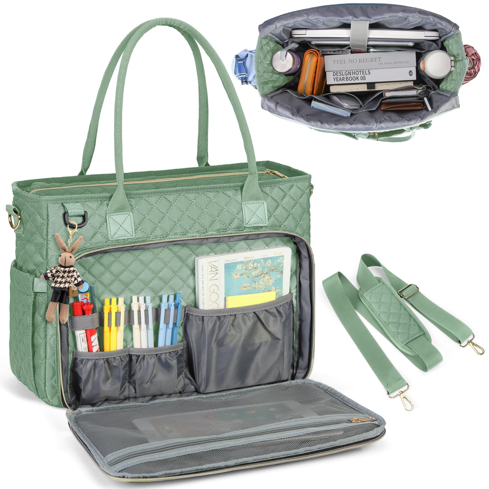 RAINSMORE Professional 15.6 Inch Laptop Tote Bag for Women - Waterproof Work Bag with Insulated Pocket, Teacher Nurse Office Bag, Mint Green Computer Briefcase - Perfect for Work, School, College & Business Travel