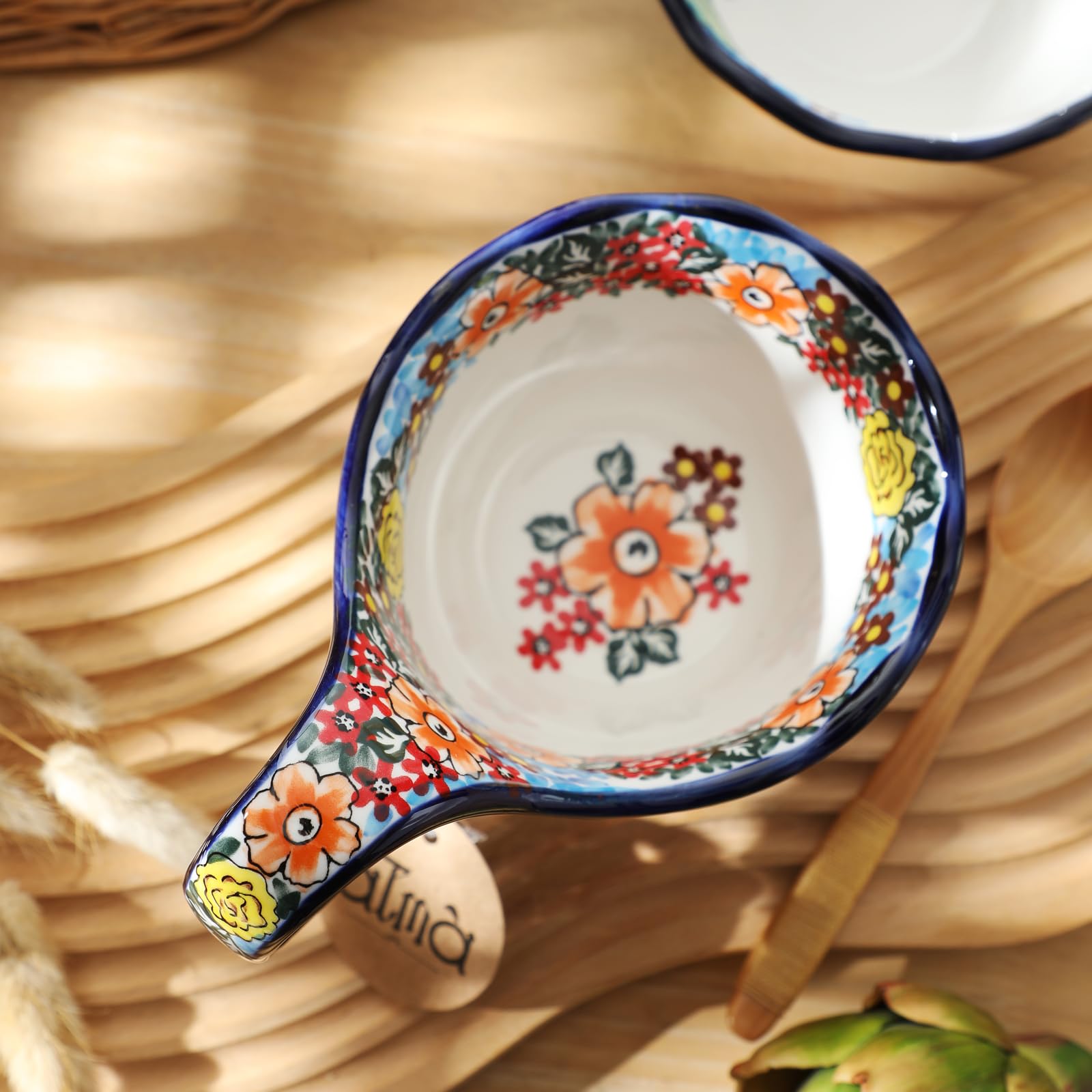 ALMA Handpainted Ceramic Soup Bowl with Loop Handle - 18.6oz Microwave & Dishwasher Safe Cereal Bowl - Perfect for Soup, Chili, Stew, Ice Cream - Ideal for Family Dinners, Restaurant Use & Gifts
