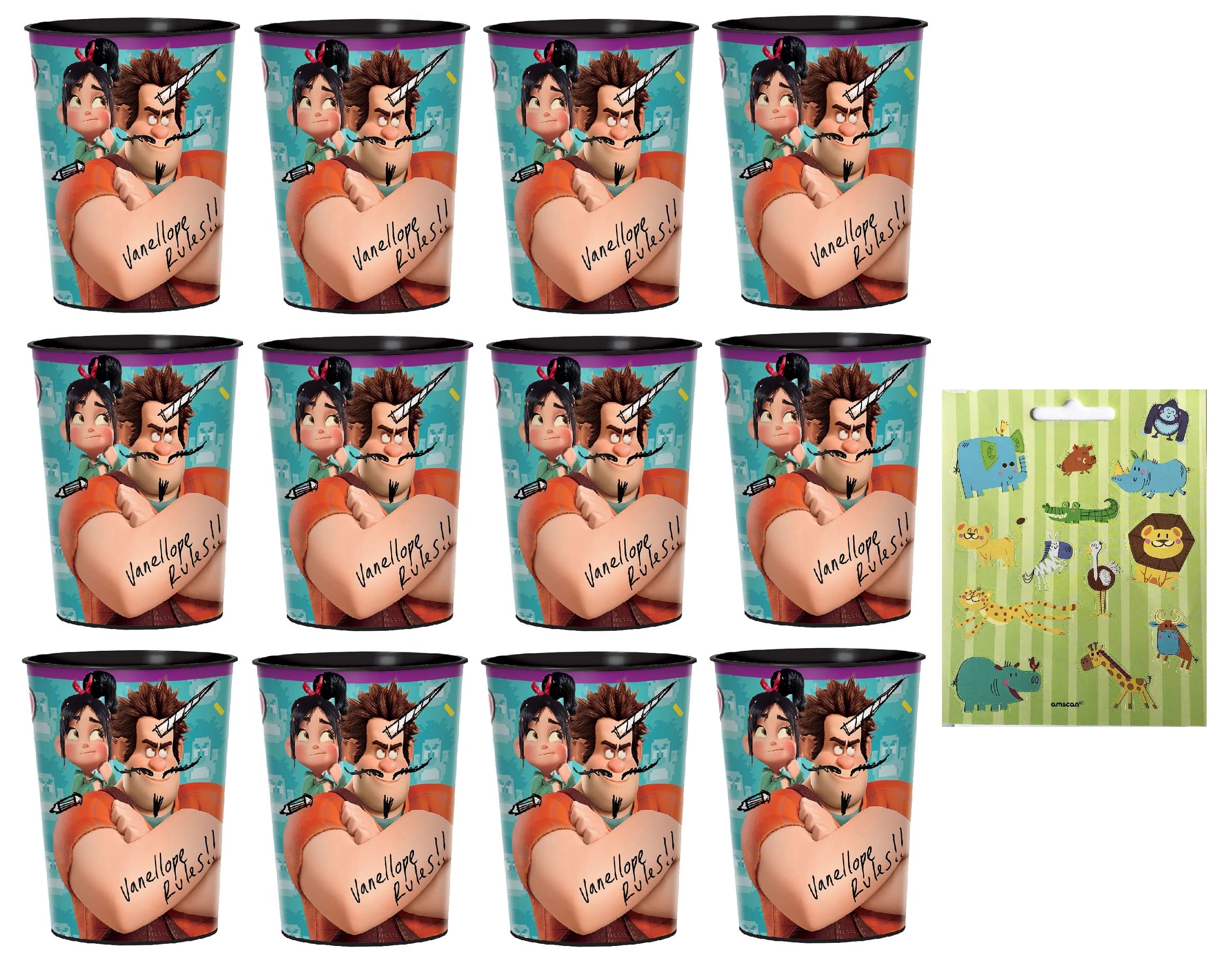 Amscan Wreck-It Ralph 2 Birthday Party Supplies Set - 12 Reusable Plastic Cups for Kids Party Favors | Perfect for Disney Themed Birthday Decorations & Movie Night Celebrations