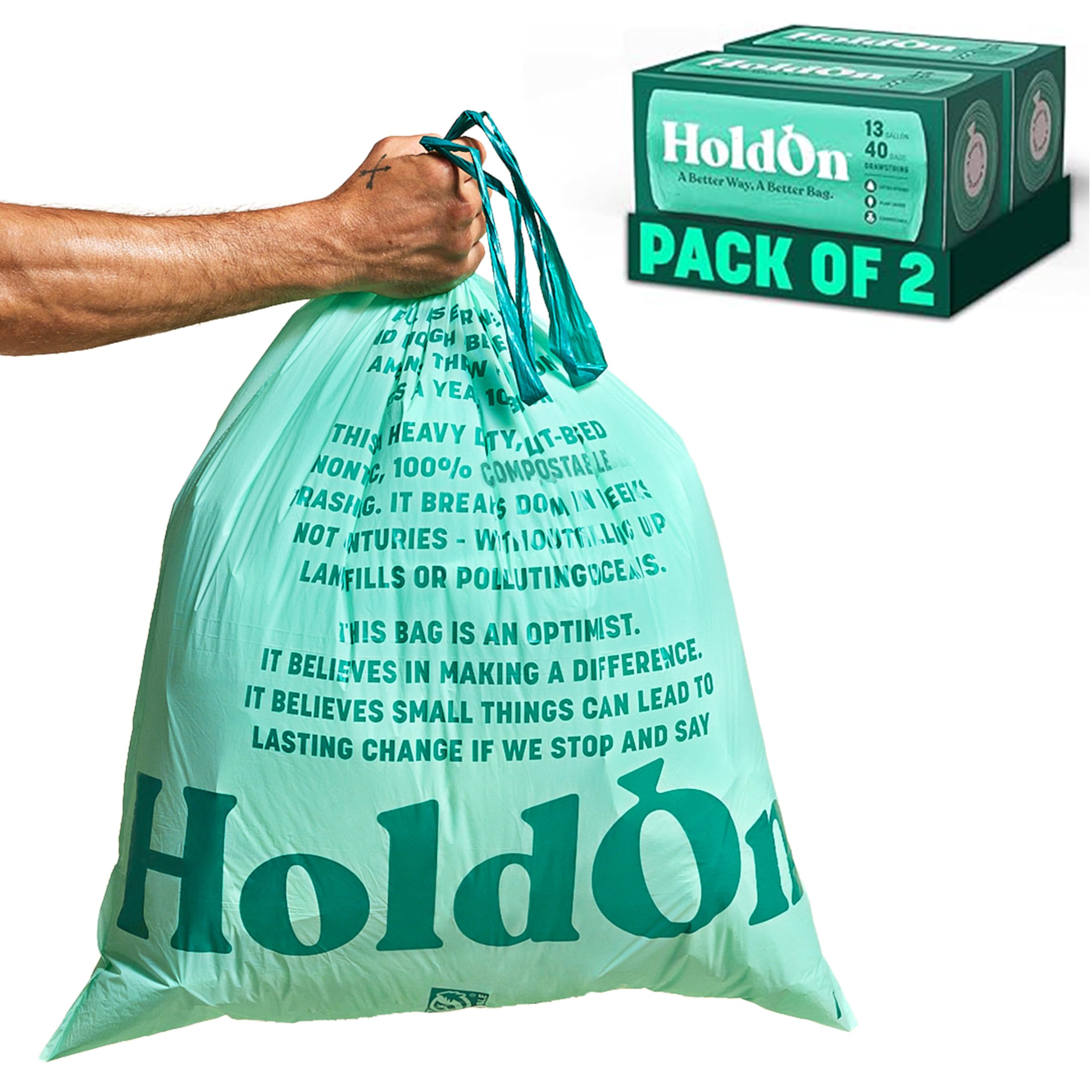 13-Gallon Heavy Duty Compostable Trash Bags with Drawstring - 40 Count (2 Pack) - Tall Kitchen Garbage Bags for Waste Bins, Recycling & Composting - Perfect for Home, Office & Outdoor Use