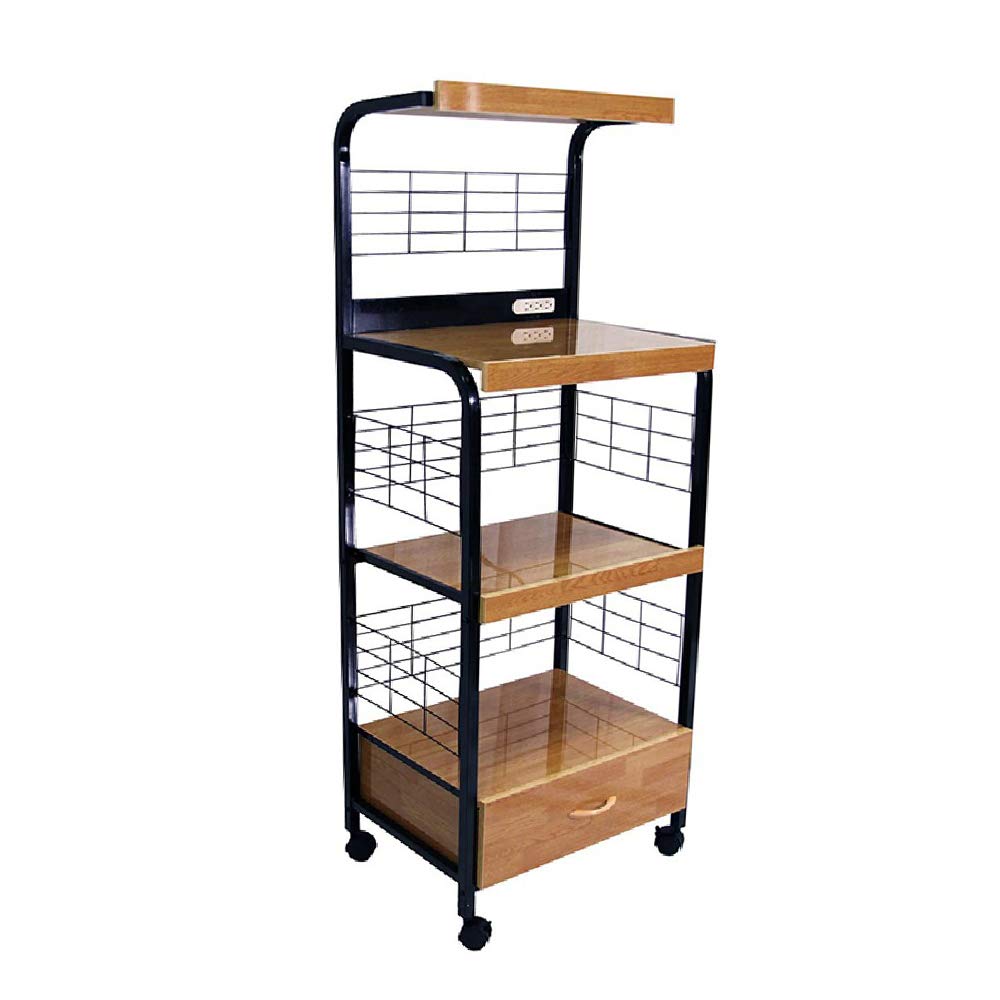 Benjara Wood and Metal Microwave Cart with Power Outlet - Brown & Black Kitchen Island for Small Spaces, Countertop Storage & Appliance Organization