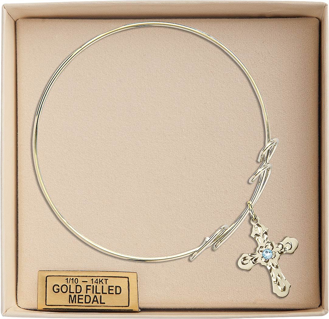 8 Inch Round Double Loop Bangle Bracelet with Cross Charm & March Birthstone Blue Crystal - Elegant Jewelry for Women, Perfect for Birthdays, Anniversaries, and Everyday Wear