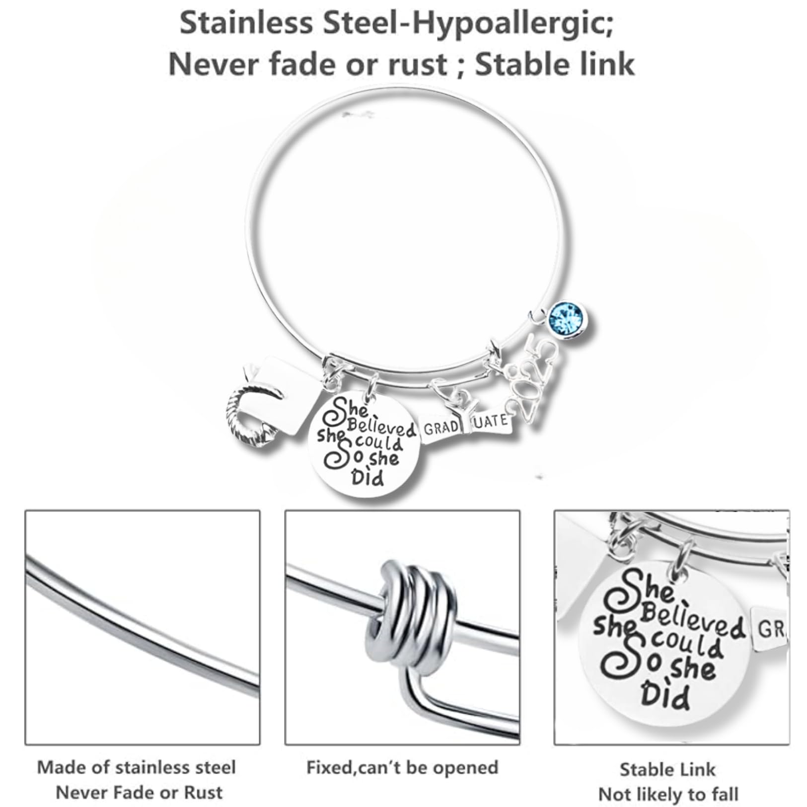 Personalized 2025 Graduation Bangle Bracelet with Birthstone Charm - She Believed She Could So She Did Inspirational Jewelry Gift for Graduates | Perfect for High School & College Graduation Ceremonies, Commencement Gifts & Achievement Celebrations