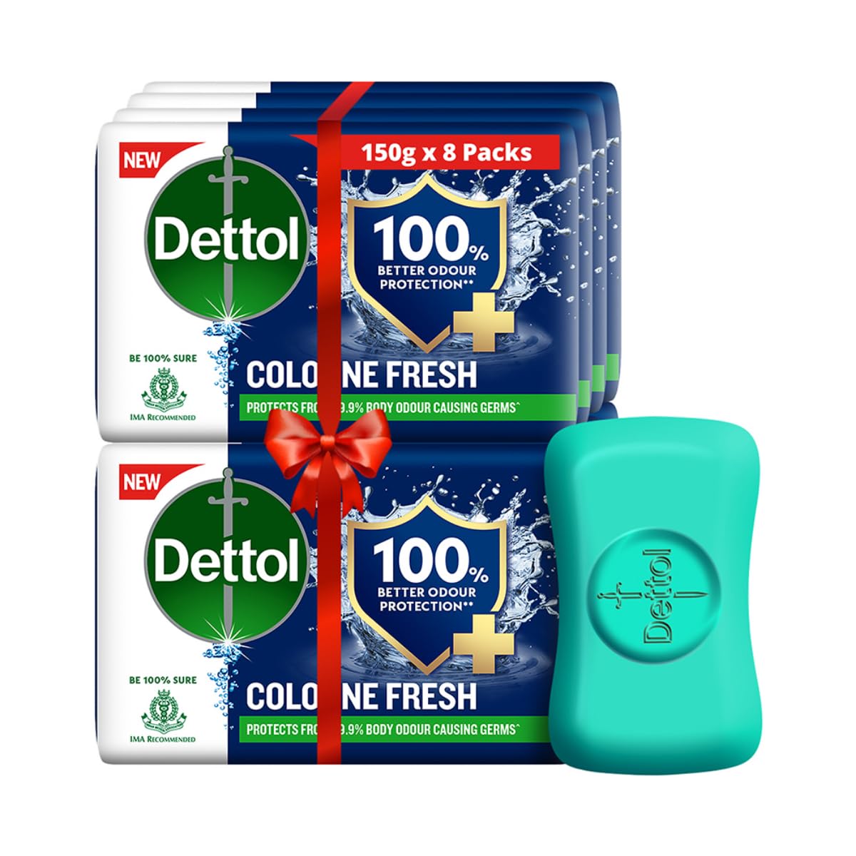 **Dettol Cologne Fresh Bathing Soap Bar - 150g (Pack of 8) | 100% Better Odor Protection, Antibacterial & Refreshing | Ideal for Gym, Travel & Daily Hygiene**