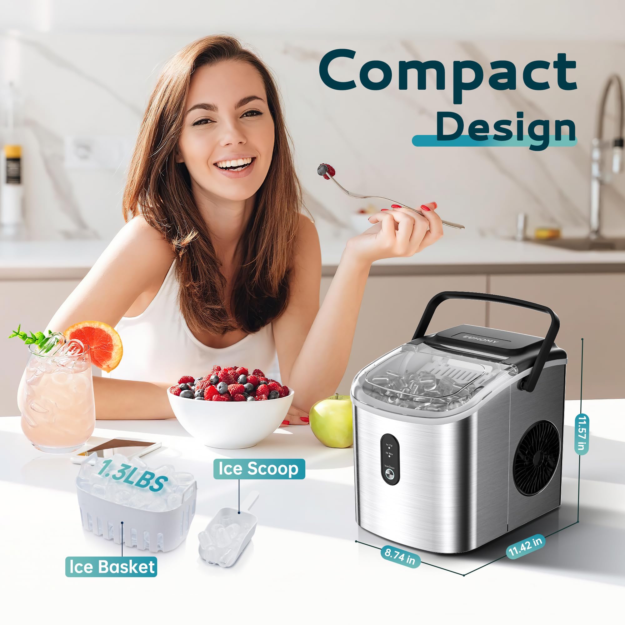 EUHOMY Portable Ice Maker Machine - 26.3lbs Daily, 9 Cubes in 6 Minutes, Auto-Cleaning Countertop Ice Maker with Handle, Basket & Scoop - Perfect for Home, Kitchen, Camping, RV & Office Use (Silver)