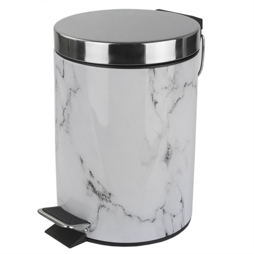 Home Basics White Faux Marble Bathroom Trash Can - Elegant Waste Bin for Bathroom, Vanity & Powder Room Organization