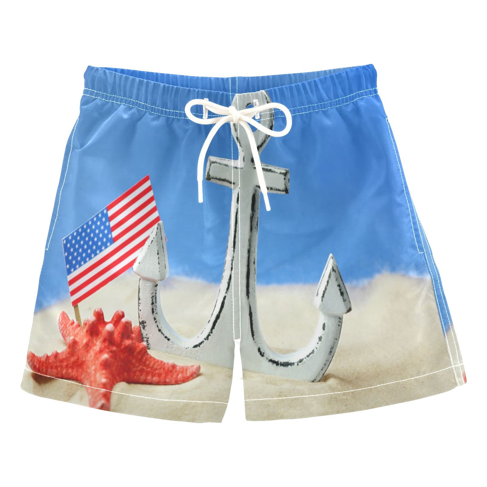 Boys Swim Trunks with Anchor, Starfish & USA Flag Print - Quick Dry Board Shorts for Beach, Surf & Swimming - Perfect for Hawaii Vacation, Summer Pool Party & Water Sports