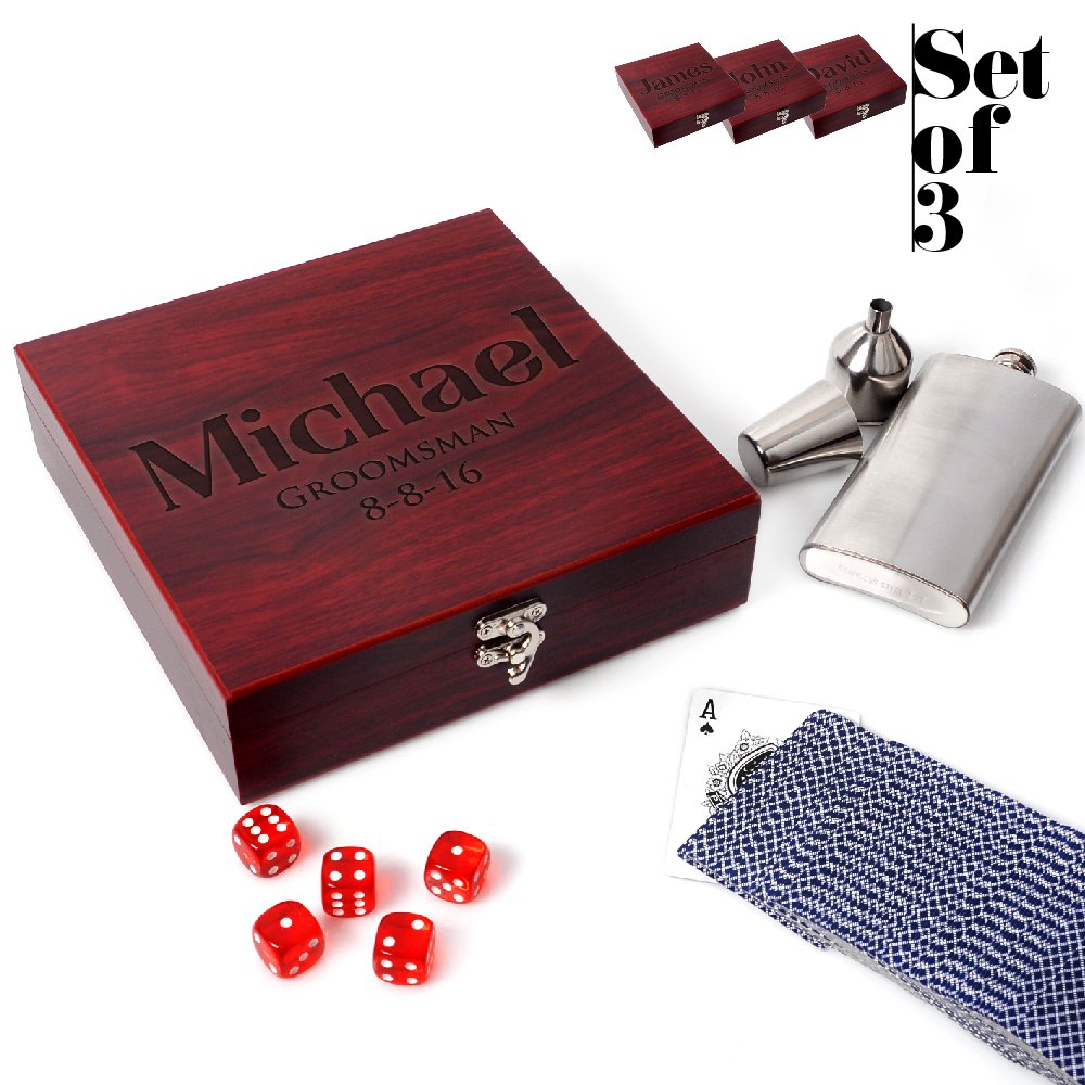 Personalized Rosewood Finish Flask Gift Set of 3 - 8 oz Engraved Groomsmen Flasks for Wedding, Bachelor Party & Best Man Proposal - Unique Groomsman Gifts for Him - Perfect for Toasting, Celebrations & Special Occasions