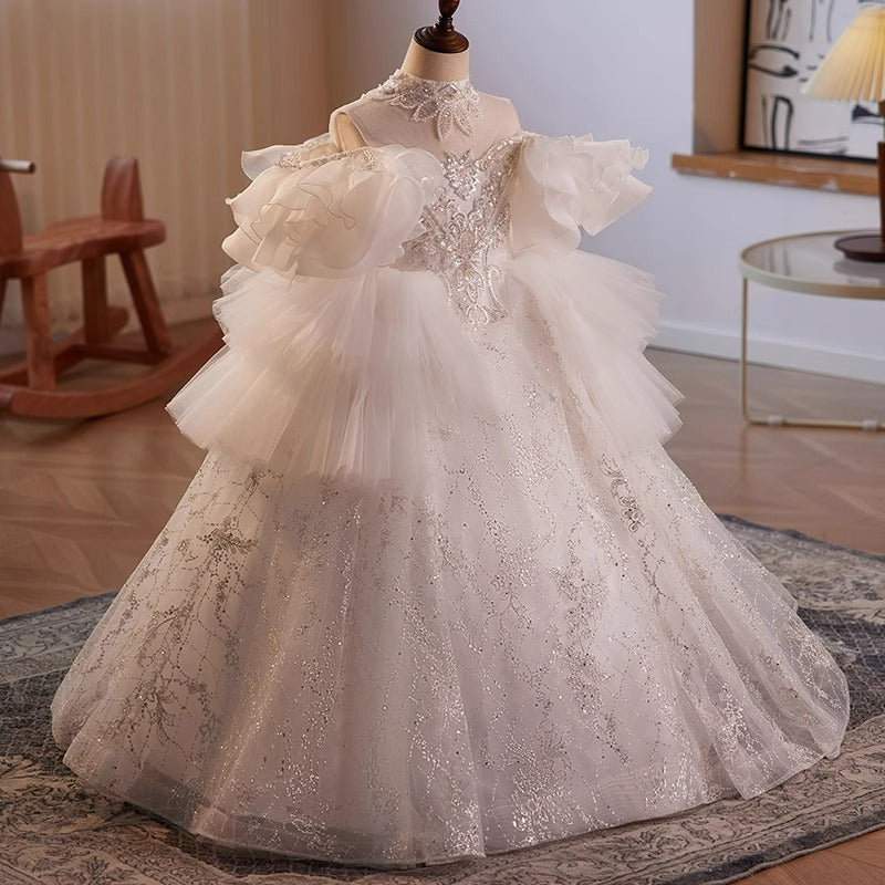 Elegant White Lace Puff Sleeve Princess Dress for Baby Girls - Toddler First Communion Dress - Perfect for Baptism, Christening & Special Occasions