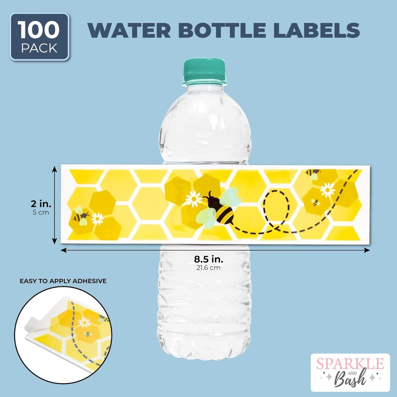 100 Pack Bumble Bee Water Bottle Labels - Bee Stickers for Kids Party, Baby Shower & Birthday Decor - 8.5 x 2 Inch Adhesive Wrappers - Perfect for Summer Picnics, School Events & Themed Celebrations