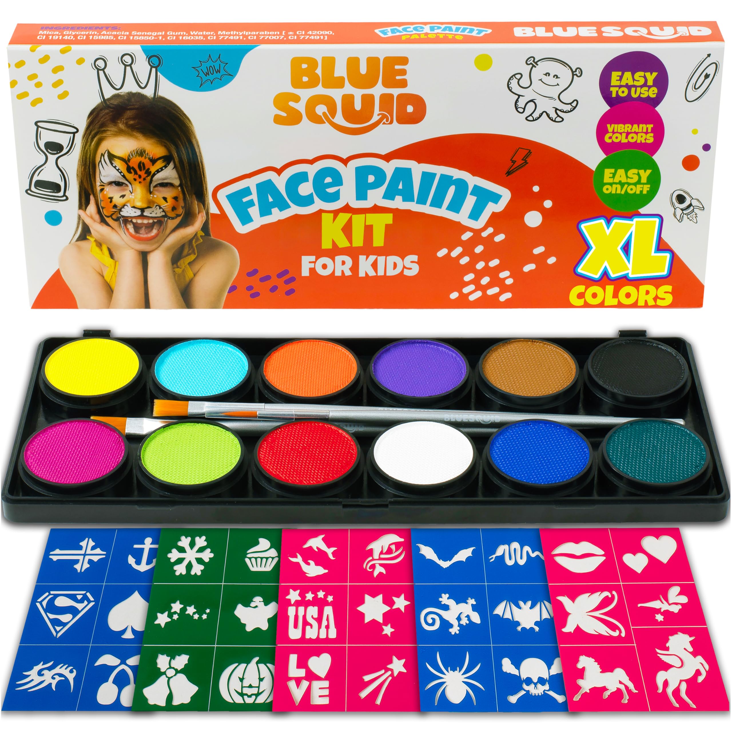 Blue Squid Face Painting Kit for Kids - 12 Non-Toxic Colors with Stencils & Brushes | Safe for Sensitive Skin | Professional Halloween & Party Makeup Kit | Perfect for Birthday Parties, Costume Events & School Activities