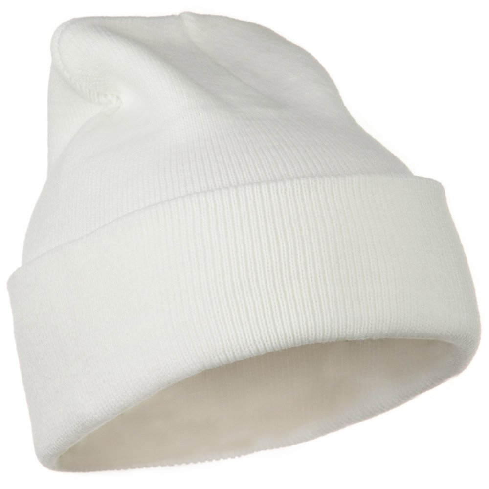MG 12 Inch Long Knitted Beanie for Men & Women - Soft Winter Hat in White (One Size Fits Most) - Perfect for Cold Weather, Skiing & Outdoor Activities
