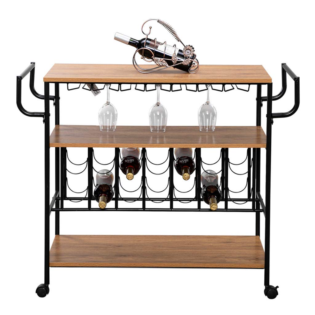 Premium 3-Tier Bar Cart with Wine Rack & Glass Holder - Solid Wood & Metal Rolling Serving Cart for Home Bar (42