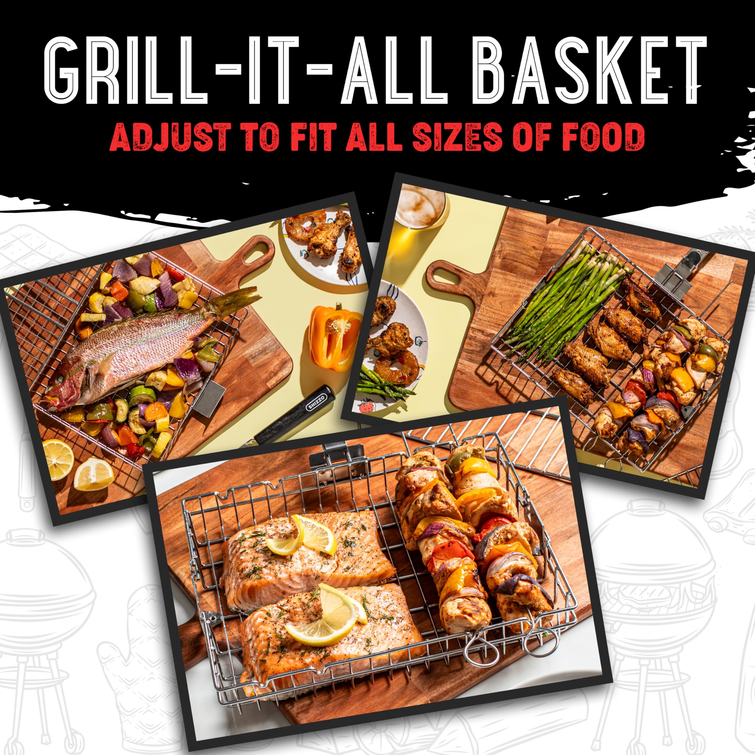 SHIZZO Adjustable Stainless Steel Grill Basket for BBQ, Fish, Shrimp & Vegetables - Portable Folding Camping Cooking Rack - Perfect Outdoor Grilling Accessory for Father's Day & Husband Gifts - Ideal for Backyard BBQs, Camping Trips & Picnics
