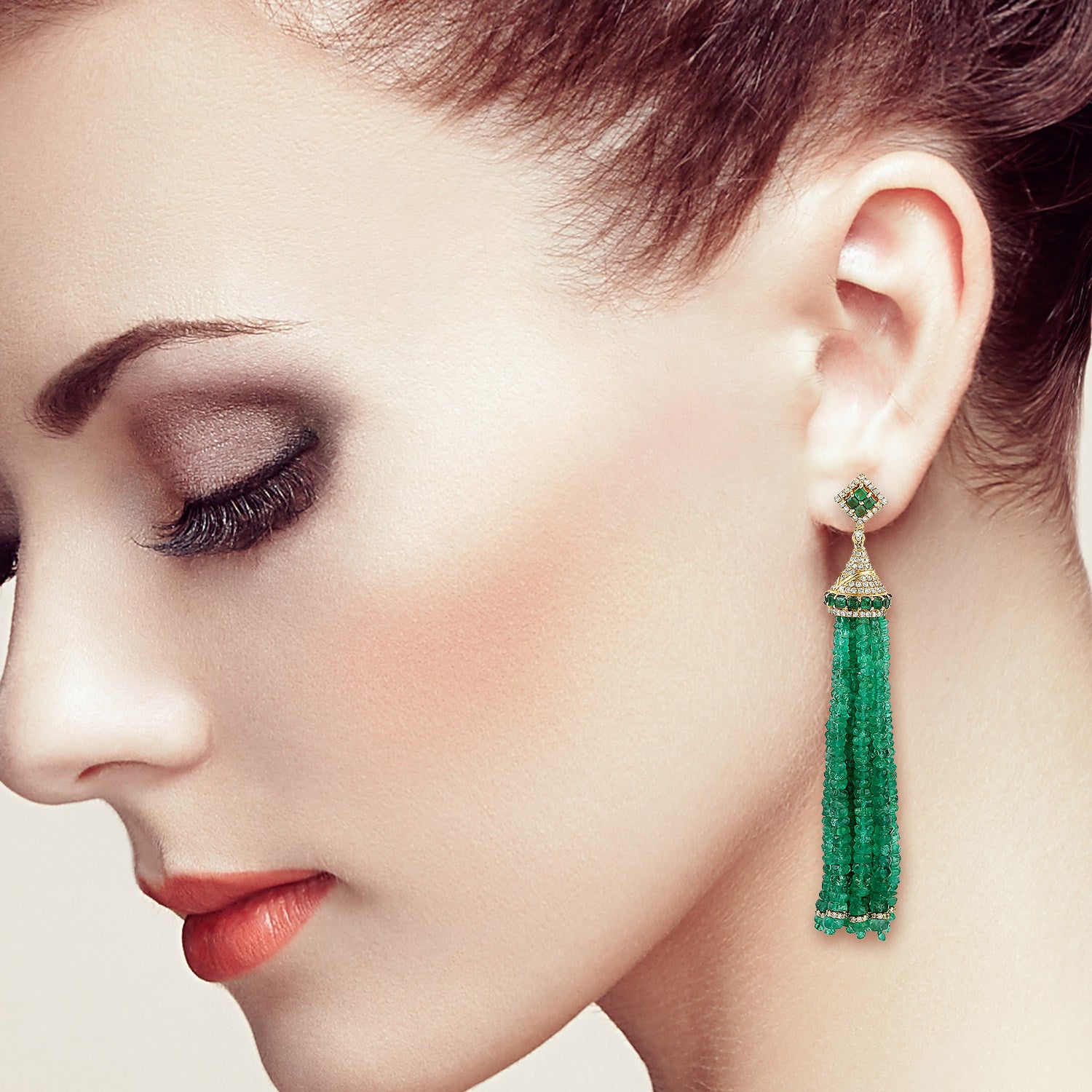 18K Yellow Gold Faceted Emerald Pave Diamond Beads Tassel Earrings - Elegant Dangle Jewelry for Parties, Weddings & Special Occasions