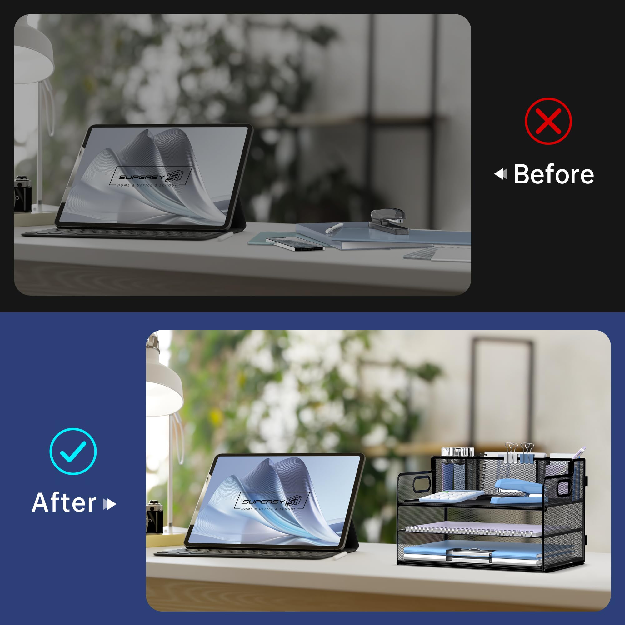 SUPEASY 3-Tier Mesh Desk Organizer with Handle & Pen Holders - Black Office File Tray for Paper, Letters, and Supplies | Perfect for Home, Office, and Workspace Organization