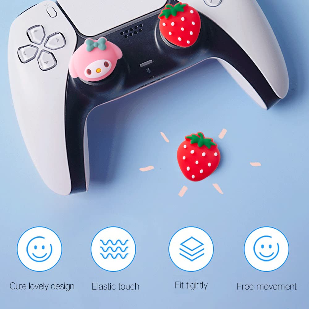 PERFECTSIGHT Cute Thumb Grip Caps for PS5, PS4, Xbox Series X/S, Xbox One, Switch PRO Controller - 4PCS Soft Skin Rubber 3D Analog Thumbsticks Grips Joystick Cover (Strawberry Design) - Enhance Gaming Comfort & Grip for Long Play Sessions