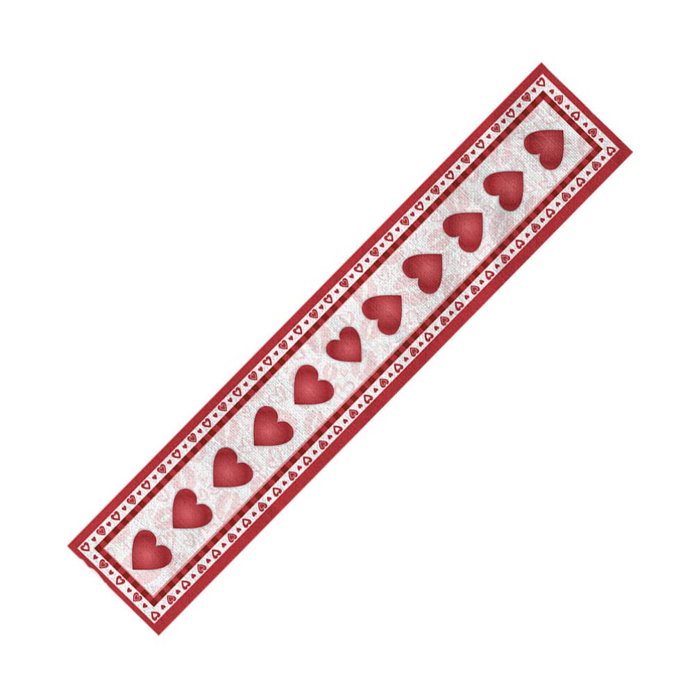 Premium Printed Flax Table Runner - Embroidered Heart Design for Wedding, Party & Dining Table Decor - Coffee Table Cover & Upholstery Cloth - Romantic Red Heart Theme for Home & Event Decoration