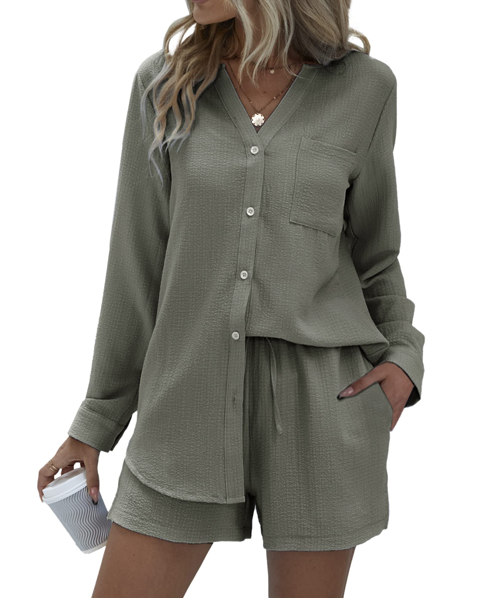 Ekouaer Women's 2-Piece Lounge Set - V-Neck Button Down Shirt & Shorts Pajama Set with Pockets | Soft Loungewear for Home, Sleep & Relaxation | Perfect for Yoga, Travel & Casual Wear