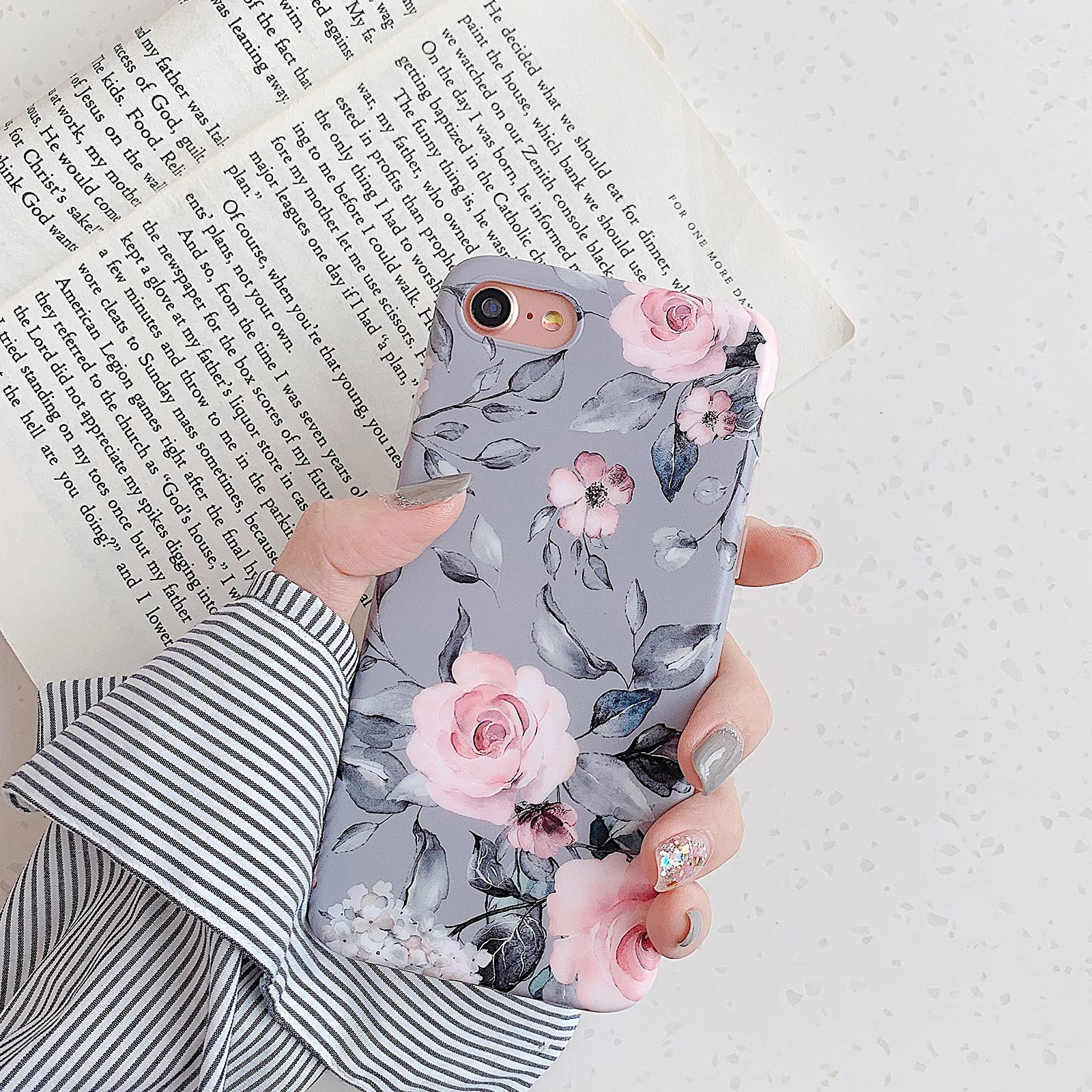 YeLoveHaw iPhone SE 2020/8/7 Case - Floral Purple Gray Leaves Design, Slim Soft Flexible Protective Cover for Women & Girls | Perfect for Daily Use, Work, School & Travel (Pink Flowers Pattern)